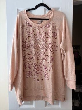 Terra & Sky Peach Pullover Sweatshirt with Pink Medallion Print
